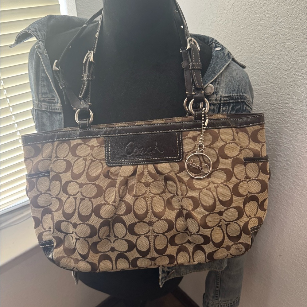 Coach Tan and Brown Signature Shoulder Bag
